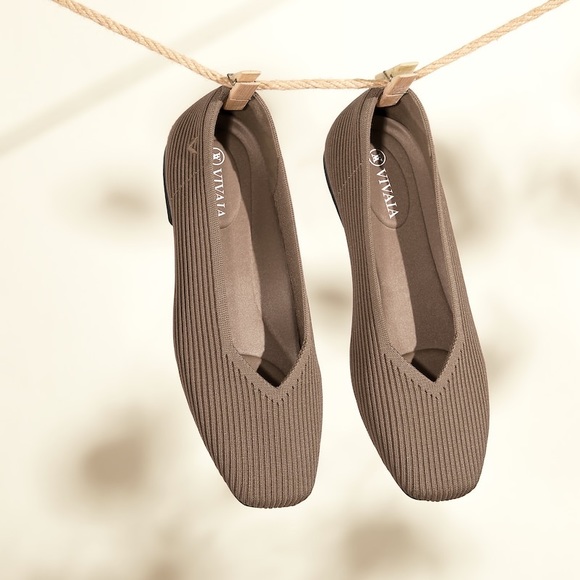 VIVAIA Shoes - VIVAIA Square-Toe V-Cut Flats (Margot 2.0) Color: Espresso woven texture.